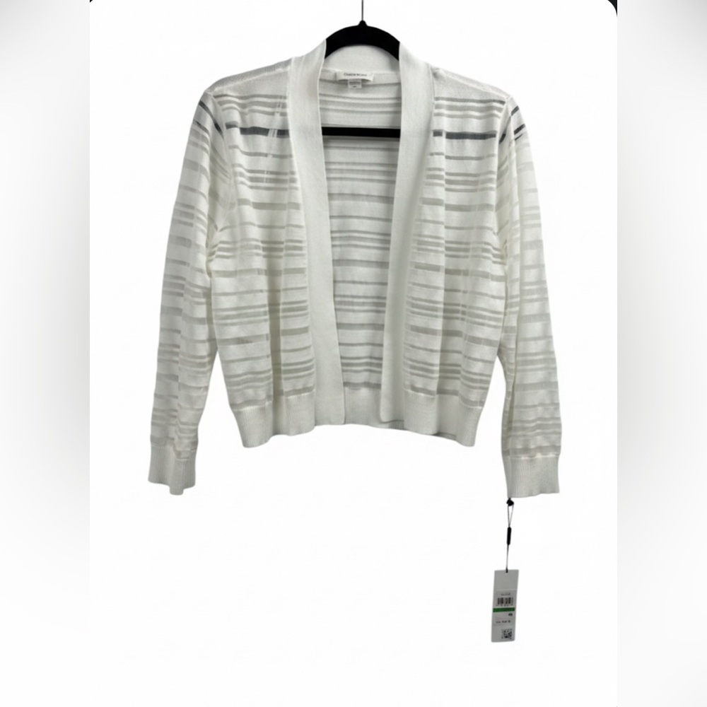 NWT Calvin Klein Sheer Striped Open Front Cardigan Off White Large